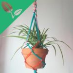 A plant in a terracotta pot, hanging from a macrame planter of blue and red yarn